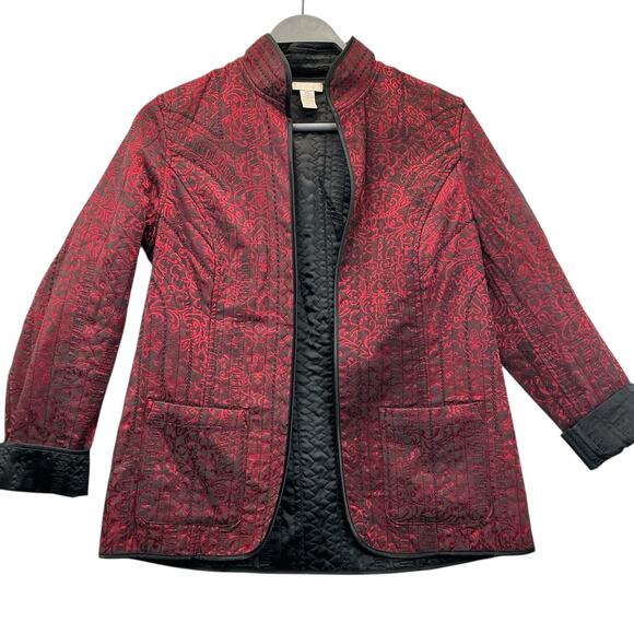 Chicos Red Black Jacquard Blazer Jacket Size O-8 Open Cardigan - Picture 2 of 11
